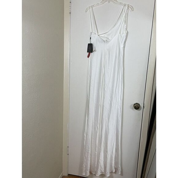 NWT MAC DUGGAL LEENA ONE SHOULDER DOUBLE STRAP WHITE SATIN GOWN US 8 $298 - Picture 9 of 11